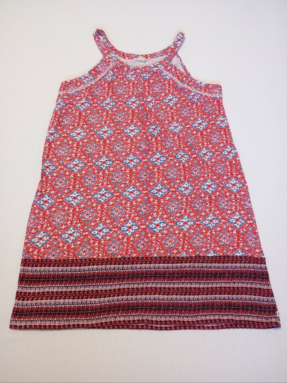 Lucky Brand Red Blue Geometric Tile Print Halter Maxi Dress Women's L Boho
